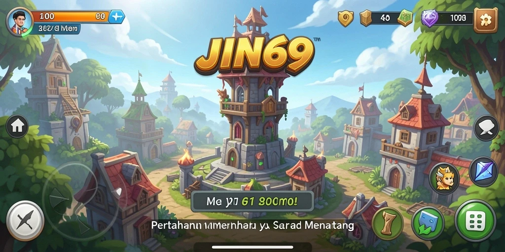 Screenshot gameplay JIN69 menampilkan aksi seru dalam pertahanan menara.