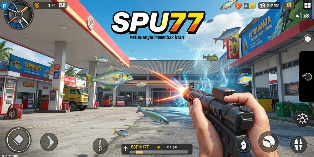 Screenshot gameplay SPBU77 menampilkan aksi menembak ikan yang seru.